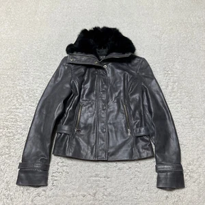 Guess Jacket Women Medium Gray Leather Biker Moto Coat Full Zip Faux Fur - Picture 1 of 12