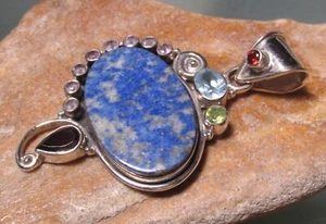 925 Sterlingsilber 19gr Cabochon Lapislazuli & geschliffene Edelsteine Anhänger. - Bild 1 von 3
