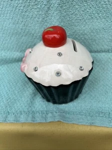 Ceramic Cupcake Piggy Coin Bank Pink Brown w Rhinestones and bow - Picture 1 of 24