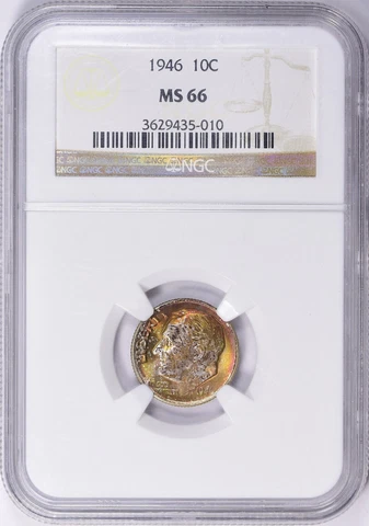 1946 Roosevelt Dime NGC MS66 Colorfully Toned With Rainbow Toning On Reverse Cover