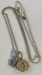 PANDORA Sterling Silver Double Floral Enamel Rose Quartz Pendant Necklace Item#W - Picture 1 of 5
