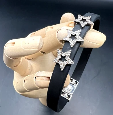 Vintage sterling 925 silver black rubber bracelet with 3 Rhinestone Stars 7.5" - Image 1 of 4
