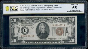 1934A $20 Hawaii WWII Emergency Issue ** LA Block** FR-2305 PCGS 55 AU - Picture 1 of 3
