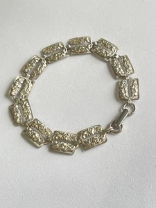 Pulsera de eslabones rectangulares florales flores plata esterlina 925 MCM 7,25 vintage - Imagen 1 de 16