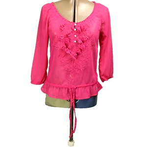 Hollister Floral Embroidered Chiffon Henley Top 3/4 Sleeve Drawstring Hot Pink S - Picture 1 of 22