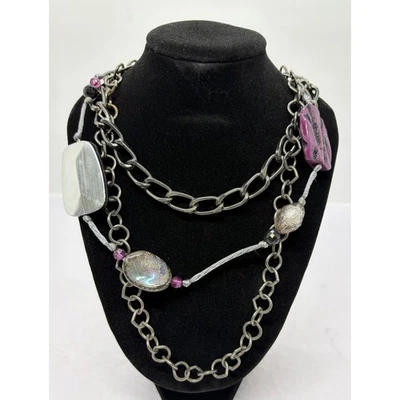 Chico's длинный коренастый фиолетовый серебряный бисер подвеска шнур ожерелье богемное стиль  - Изображение 1 из 4