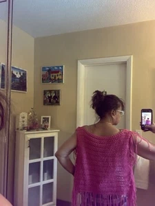 A Pink Cotton Poncho With Granny Squares And Fringe 100 Handmade - Picture 1 of 3