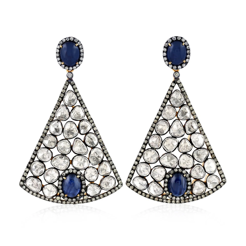 Orecchini pendenti zaffiro diamante naturale argento sterling 925 gioielli in... - Immagine 1 di 4