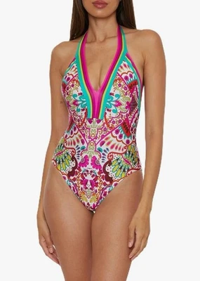 Trina Turk Hawaiian Garden Border Halter Plunge One Piece Swimsuit Sz 14 NWT💚 - Image 1 of 4