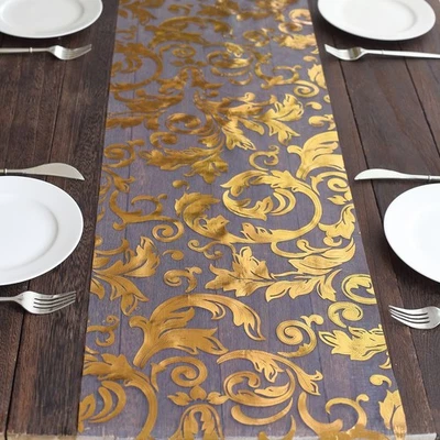 12" x 108" GOLD Organza TABLE RUNNER Metallic Swirl Floral Design Decorations - Image 1 of 4