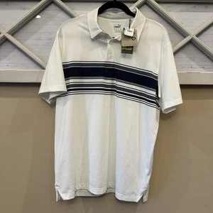 Puma MATTR Grind Mens Medium White Blue stripe Golf Polo Shirt NEW NWT - Picture 1 of 7