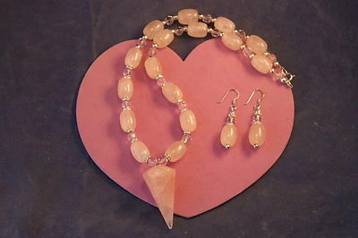 Hermoso Collar con Cuarzo Rosa Y Cristal 16" Pulgadas Largas Plateado Foto 1 de 4