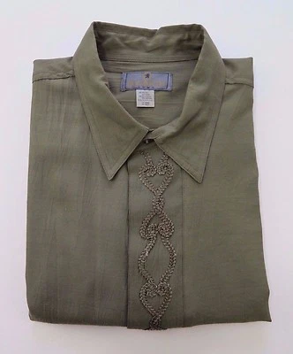 Unique Bugatchi Uomo Mens Rayon Blend Solid Green Embroidered Casual Shirt Large - Image 1 of 4
