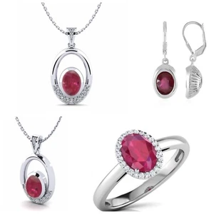 925 Argento Sterling Ovale Rubino Anello Collana Orecchini Astrologia Di Su Fare - Foto 1 di 8