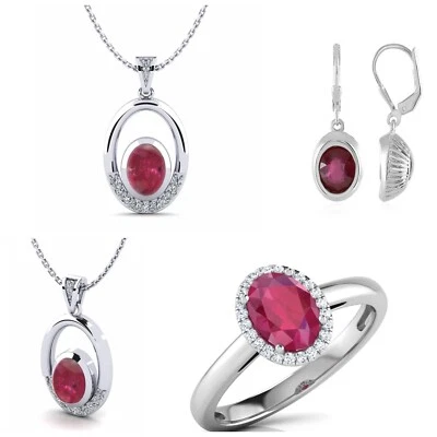 925 Argento Sterling Ovale Rubino Anello Collana Orecchini Astrologia Di Su Fare - Immagine 1 di 4