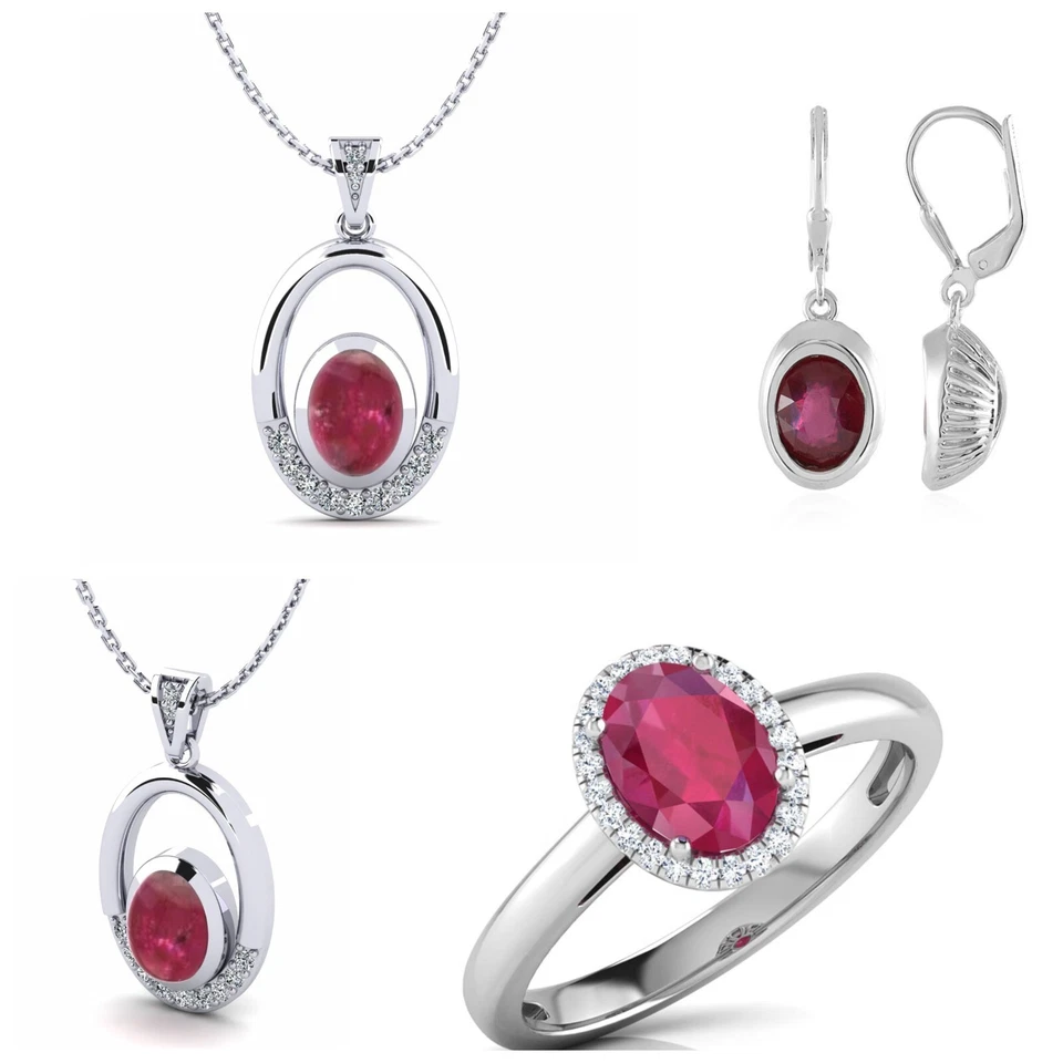 925 Argento Sterling Ovale Rubino Anello Collana Orecchini Astrologia Di Su Fare - Immagine 1 di 4