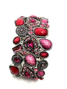Vtg/New Shiny Red & Pink Wide Bracelet Rhinestones Stretch Runway Blingy Glam - Picture 1 of 6