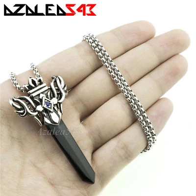 Silver Black Men's Onyx Sword CZs Stainless Steel Pendant Chain Necklace Set - Image 1 of 4
