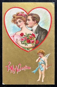 Vintage / Antique Postcard Valentine Loving Man & Woman Cupid Embossed Unused - Picture 1 of 2