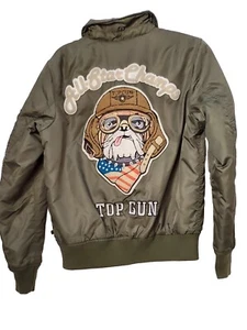 JACKET TOP GUN TYPE B-15 Boys Size 14 Olive Flight Bomber Top Dog Patch Pockets - Picture 1 of 23