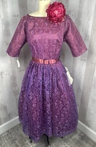Vintage NOS 1950s Purple Lace Aline Party DRESS Rockabilly Full Skirt Deadstock - Picture 1 of 17