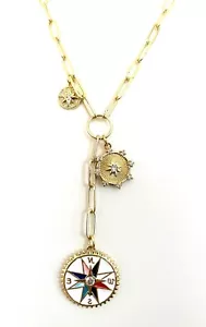 Paperclip Chain Pendant Necklace Gold CZ Compass Enamel Star Coin Charm Lariat - Picture 1 of 4