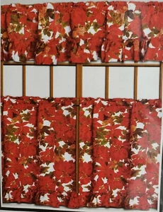 3pc Curtains Set: 2 Tiers (29"x36") & Valance (58"x14") CHRISTMAS POINSETTIA,BH - Picture 1 of 12
