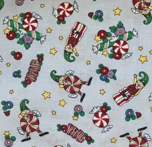 Mary Engelbreit Christmas BLUE ELVES Peppermint Candy Fabric Quilt 2001 18" x44" - Picture 1 of 3