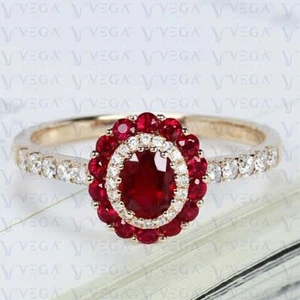3.90ct Oval Shape Red Natural Ruby Gemstones Diamond Ring Real 14K Yellow Gold - Picture 1 of 15