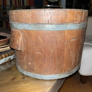 antique Primitive Farm Salvage Red  WOODEN GRAIN BUCKET Handles Straps 14x10 - Picture 1 of 7