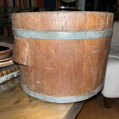 antique Primitive Farm Salvage Red  WOODEN GRAIN BUCKET Handles Straps 14x10 - Image 1 of 4