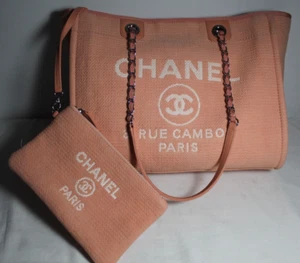 Chanel Mixed Fibers Deauville Tote Pink Shopper Shoulder Bag with Zip Pouch Set - Picture 1 of 14