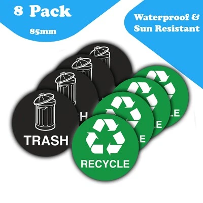 LUMEAN LTD 8-Pack Premium Weatherproof Trash & Recycle Bin Vinyl Stickers - 85mm Diameter,