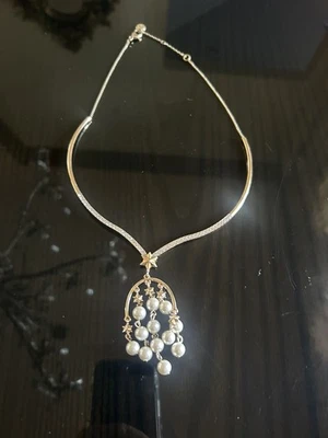 Authentic  Valentino  Designer Gold   Rhinestone Necklace With Pearl Pendant  - Image 1 of 4