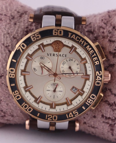 Orologio da polso uomo lusso Versace quarzo tachimetro quadrante argento "data" cinturino pelle