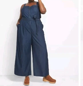 Lane Bryant Chambray Sleeveless Belted Zip Front Jumpsuit Wide Leg Sz 16 Coastal - Picture 1 of 17
