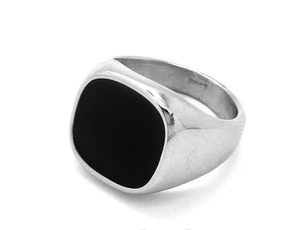 SILVER SIGNET RING, CHUNKY STAINLESS STEEL, LARGE BLACK GEMSTONE, FOR MEN WOMEN - Picture 1 of 7