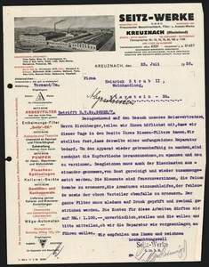 Factura Kreuznach 1926, Die Seitz-Werke, fábrica de máquinas y filtros y amianto - Imagen 1 de 1