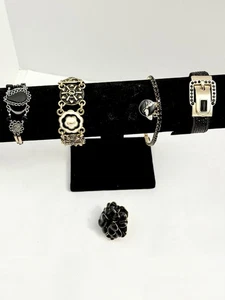 Vintage to Modern Gold And Black Tone Jewelry Bracelet Enamel Big Ring Lot Of 5 - Picture 1 of 14