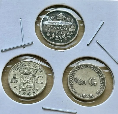3-Old World Silver 1914 Canada 5c 1942 & 1948 Netherlands 1/10 Guldin - Image 1 of 2