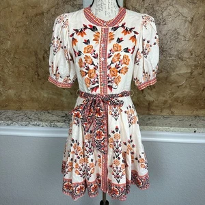 a Loves a Mini Dress Women Small Button Front Floral Printed Bubble Sleeve Cream - Picture 1 of 11