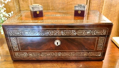 RARE Antique ROSEWOOD 1847 SILVER INK/MATCH Halstaff & Hannaford MOP WRITING BOX - Image 1 of 4
