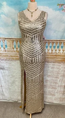 Dress 14 Gold Sequin Quiz Ballgown Geo V Stretch Evening Stunning Art Deco Long - Image 1 of 4