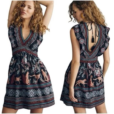 Mini Vestido Túnica Anthropologie Cuello en V Motivo Selva Boho Talla M Mediano Foto 1 de 4