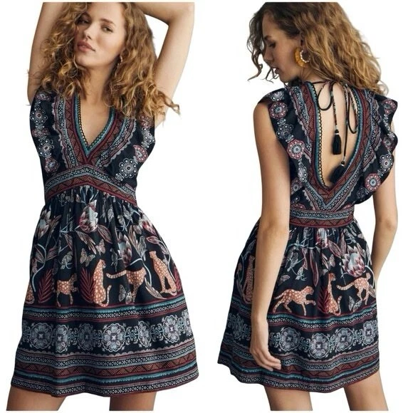 Mini Vestido Túnica Anthropologie Cuello en V Motivo Selva Boho Talla M Mediano Foto 1 de 4