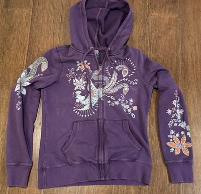 Vintage Purple Y2K Lucky Brand Asian Firebird Floral Zip Up Hoodie Jacket Large - Image 1 of 4