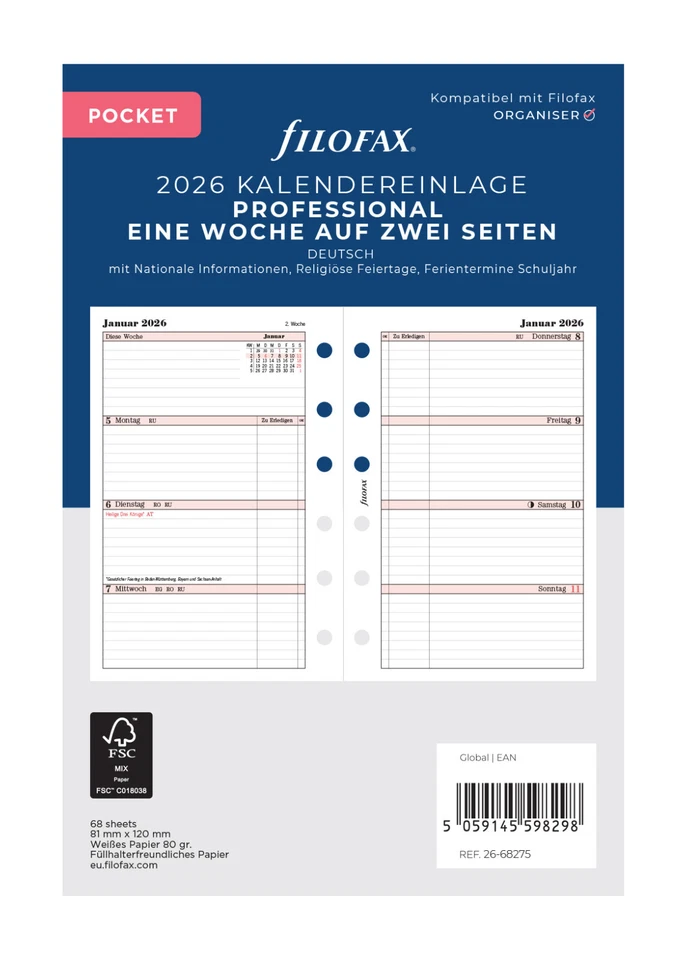 Filofax 26-68275 Pocket Kalendereinlage 1Woche/2Seiten professional 2026 - Bild 1 von 1