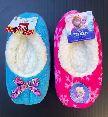 2pr Disney Babba Slipper Socks Girl S/M Shoe Sz 8-13 Minnie Mouse & Frozen Elsa - Image 1 of 4