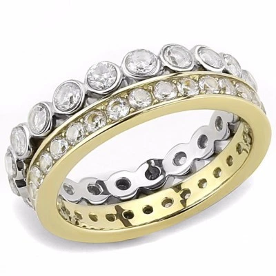 Womens Two Tone Gold Stainless Steel Round Cut CZ All Around 2 Wedding Bands Set - Image 1 of 4
