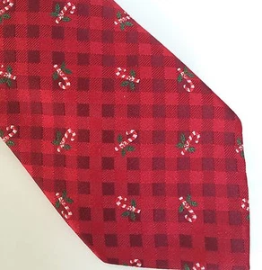 Red Plaid Candy Canes Holly Leaf Xmas Polyester Skinny Necktie Men's Holiday Tie - Picture 1 of 9